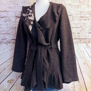 Cynthia Rowley wool ruffle felt tie waist coat